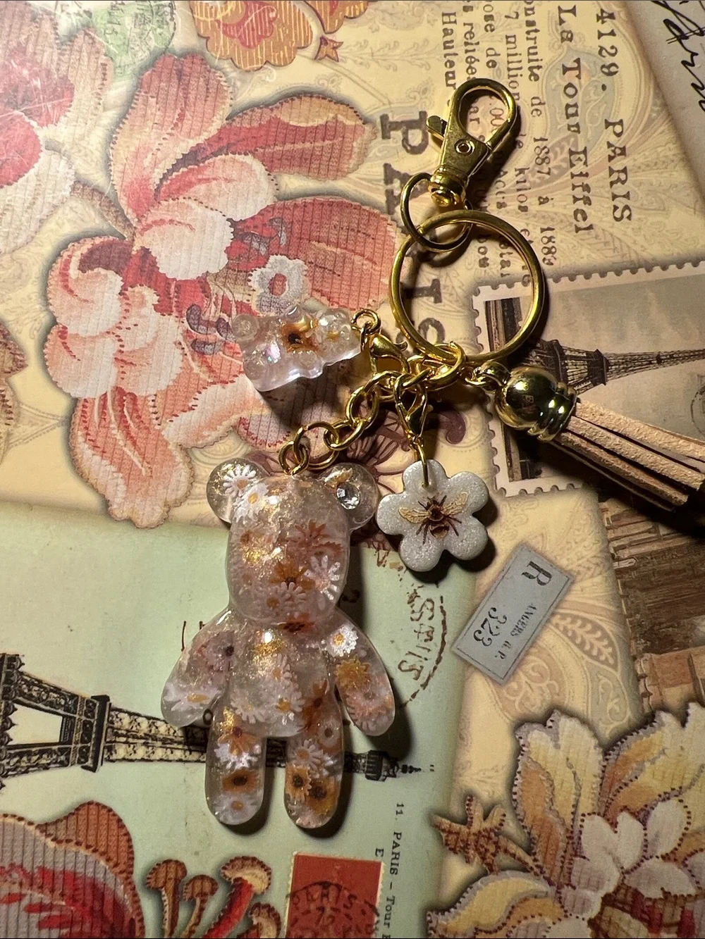 Gold Floral Resin Bear Keychain, backpack or purse Charm - Women's Accessory